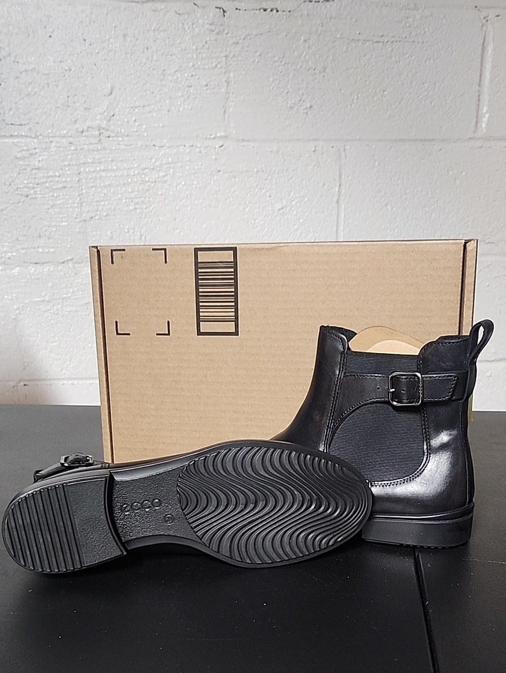 Ecco Black Leather Chelsea Booties with Buckle Accent